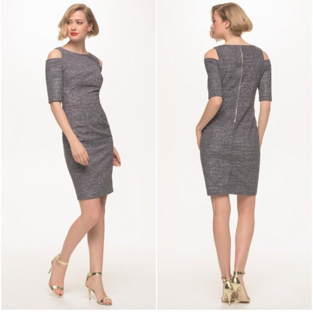 NWT Eliza J Gray/Silver Cold Shoulder Glitter Sheath Dress Size 4